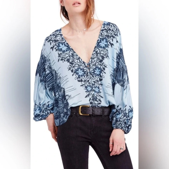 Free People Blue Birds of a Feather Top, Size Large - Picture 1 of 8